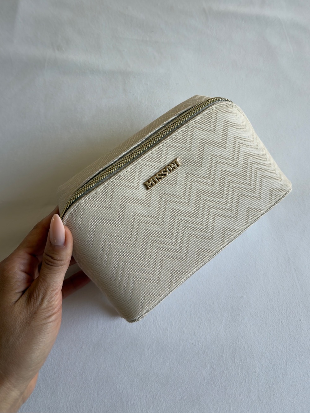 Missoni Cream Chevron Zip Cosmetic Pouch with Gold Logo